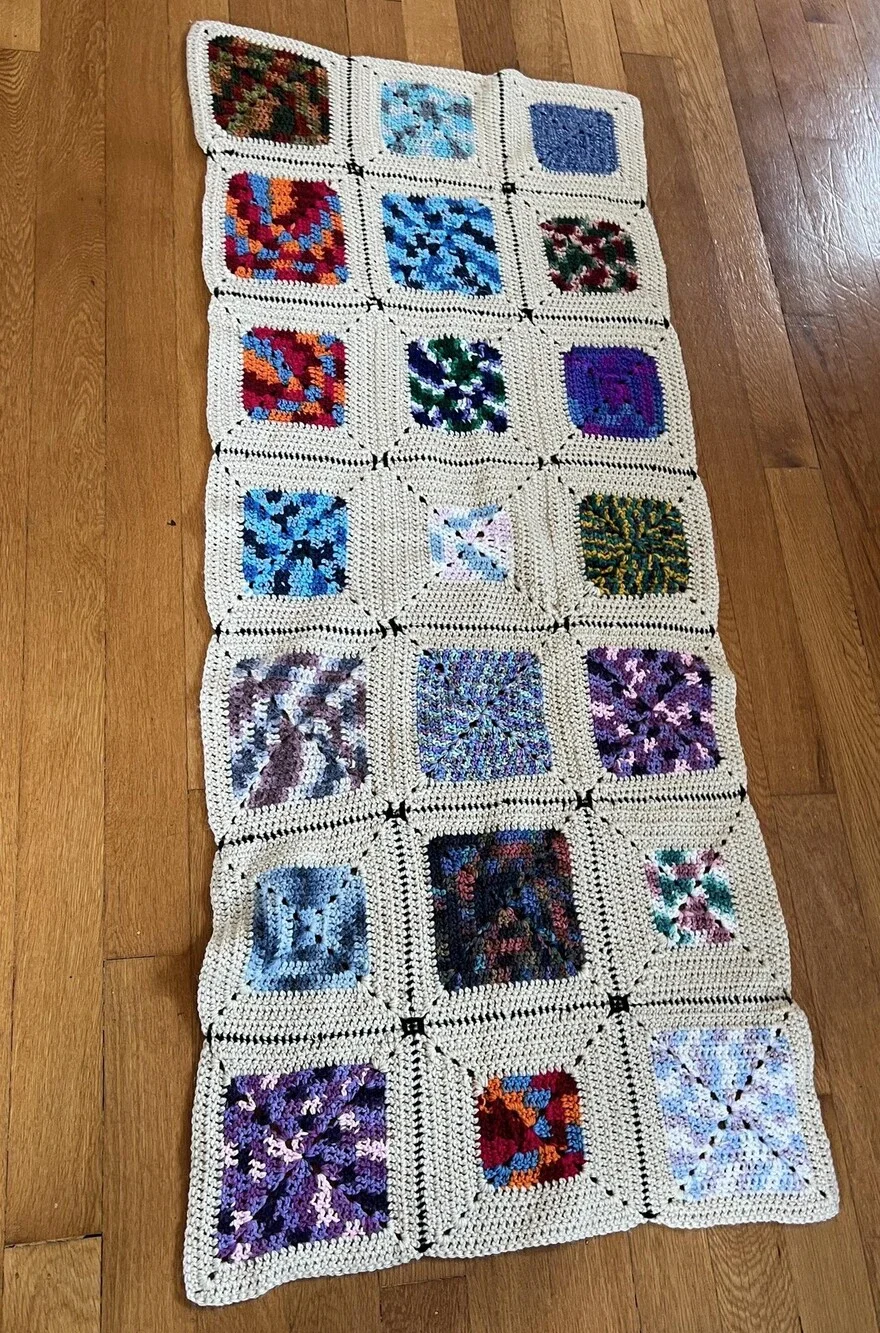 Handmade Crochet Granny Square Afghan Blanket Lap Throw Multicolor Beige Boho